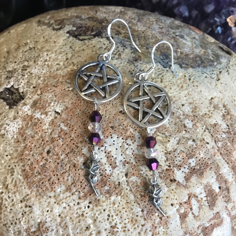 Celestial Magic Pentagram Earrings with Crystal Drops Witch Goddess Jewelry